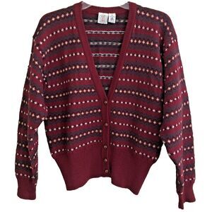 JG Hook 100% Wool Cardigan Sweater Womens Size M VTG 70s Birdseye Burgundy FLAWS